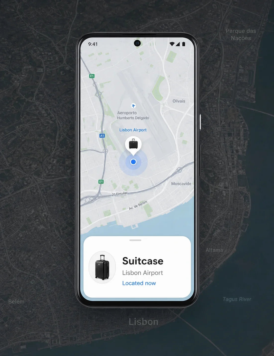 Android phone showing the suitcase located at Lisbon Airport