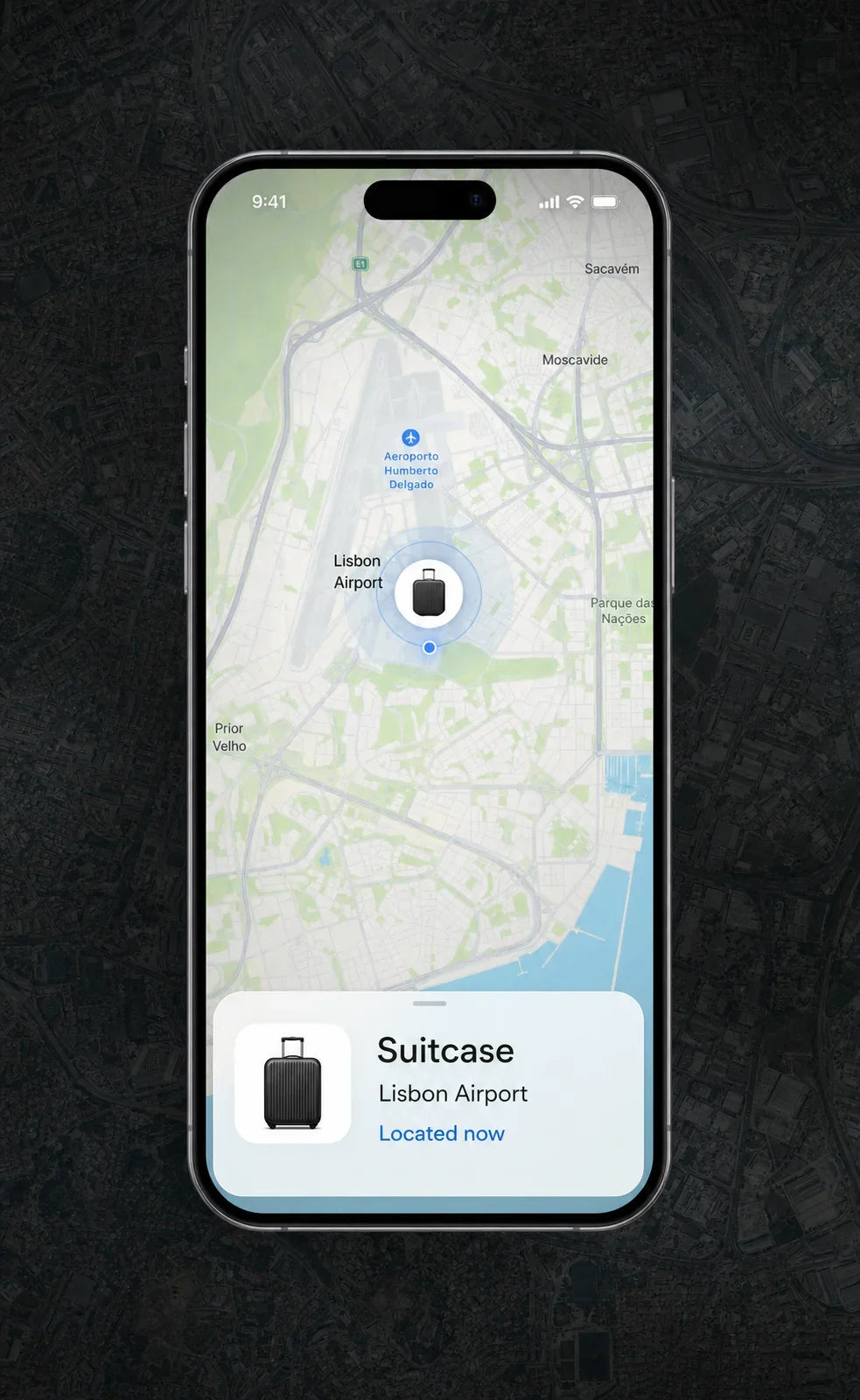 iPhone showing the suitcase located at Lisbon Airport