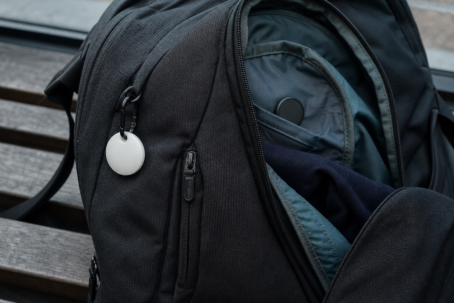 Viditelný bílý tracker zvenku batohu ve srovnání se skrytým černým trackerem uvnitř